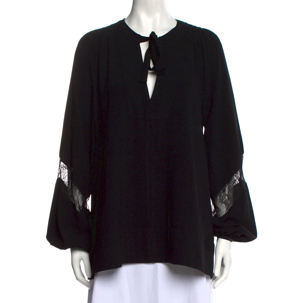 ME+EM Black Lace Sleeve Blouse Split Tie VNeck Women's Size 8